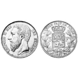 5 Francs 1865-1868 - Grande tête au type provisoire (Léopold II) - Partie 1 (1865 et 1867)